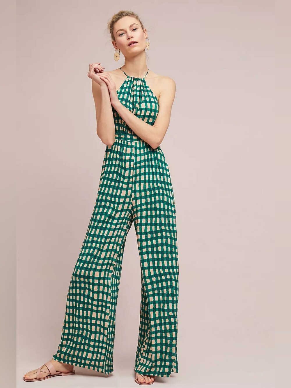 Green Check Halter Jumpsuit